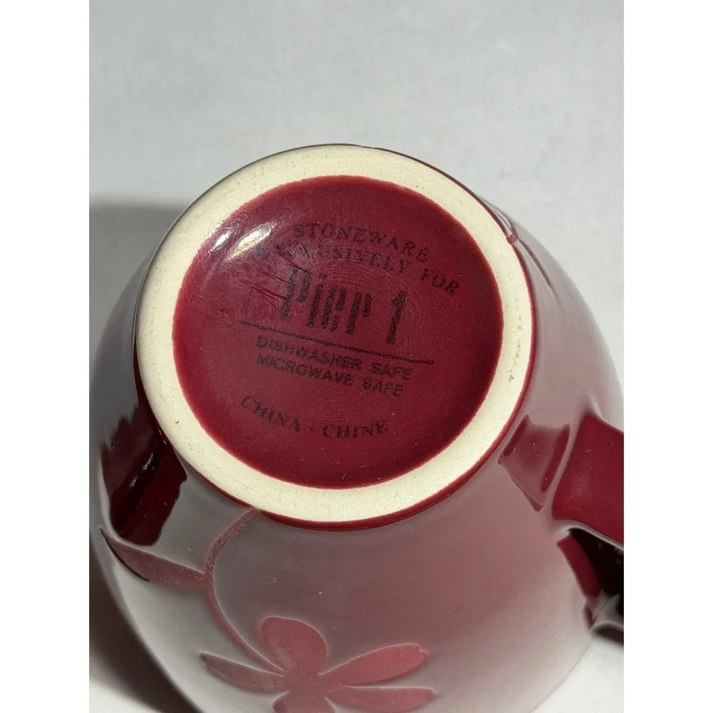 Pier 1 Red Floral Embossed Stoneware Coffee Mugs Set of 2 Deep Red Burgundy